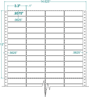 140354 - White Pinfeed Label, 3.3 x 15/16, 4 across, repeat size 1, carrier size 14 - 5/8, qty 20,000