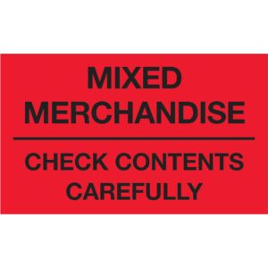 3 x 5" - "Mixed Merchandise - Check Contents Carefully" (Fluorescent Red) Labels