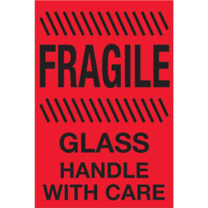 4 x 6" - "Fragile - Glass - Handle With Care" (Fluorescent Red) Labels