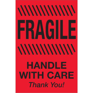 2 x 3" - "Fragile - Handle With Care" (Fluorescent Red) Labels