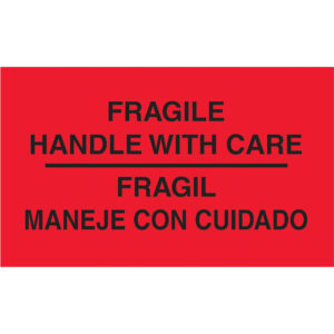 3 x 5" - "Fragil - Maneje Con Cuidado" (Fluorescent Red) Bilingual Labels