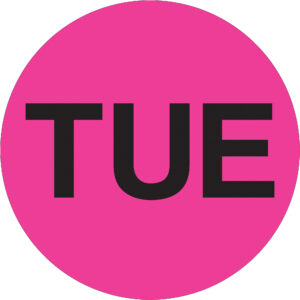 1" Circle - "TUE" (Fluorescent Pink) Days of the Week Labels